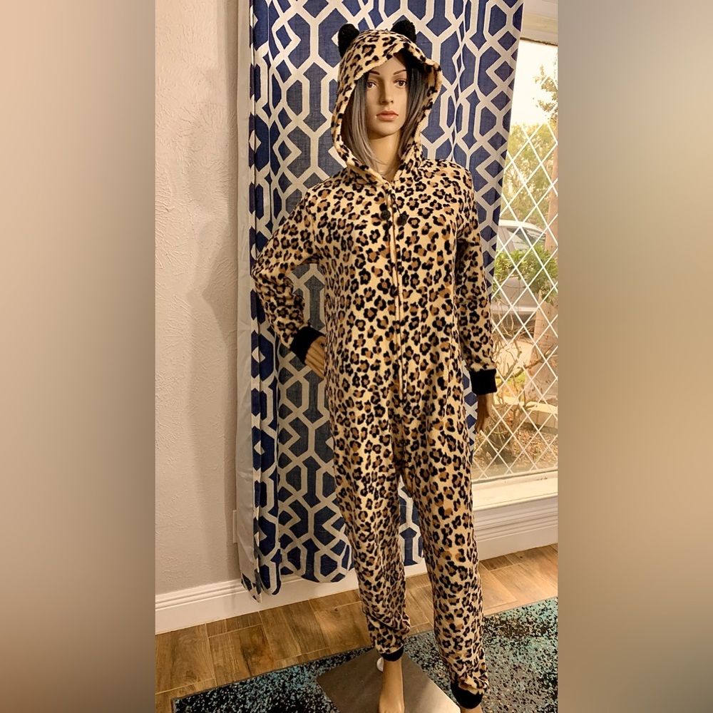 Leopard Fleece Jumpsuit with cat ears